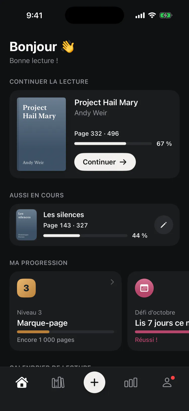 L’accueil de Reliure, avec le livre en cours et l’objectif de l’année.