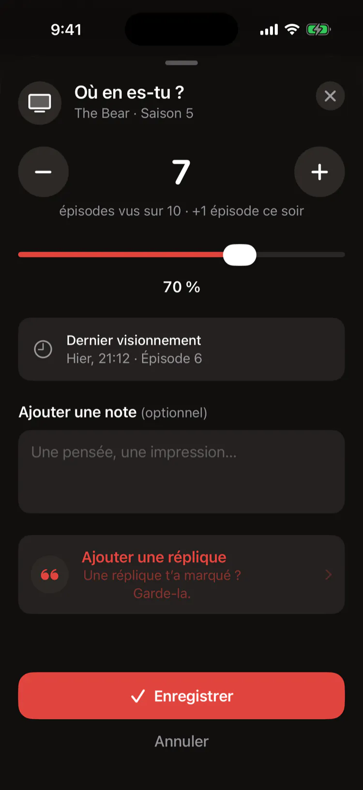 Noter l’épisode où tu es rendu